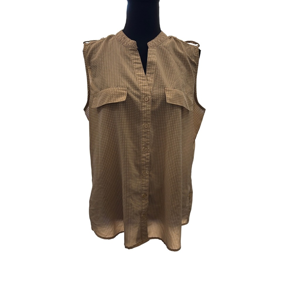 NY Collection Sleeveless Button Front Blouse Tan White Dot Print Collar Size L‎
